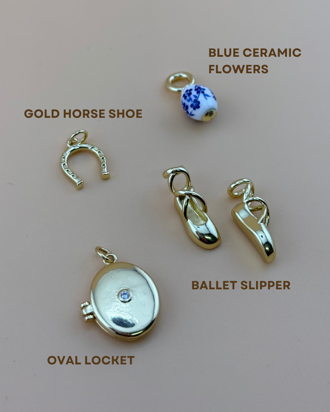 Gold Horse Shoe, Blue Ceramic Flowers, Ballet Slipper, and Oval Locket