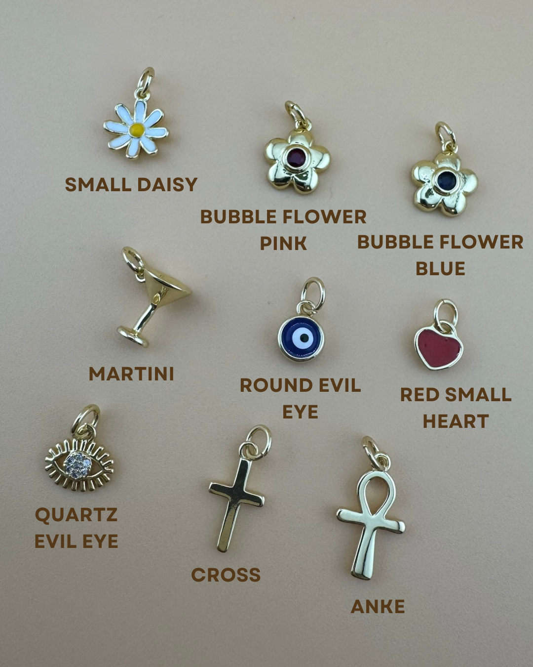 Flowers, Evil eye, cross, and anke Lockets
