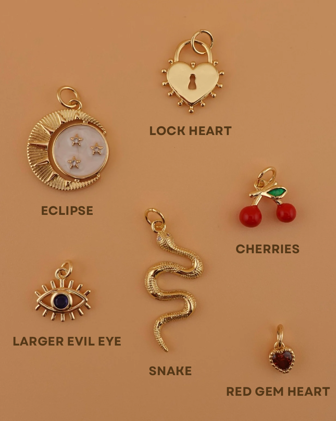 Lock Heart, Eclipse, Cherries, Evil Eye, Snake, Red Gem Heart Lockets
